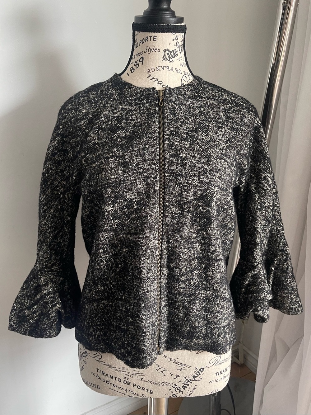 Lanvin Black and Gray Marled Wool Collarless Zip-Front Short Jacket